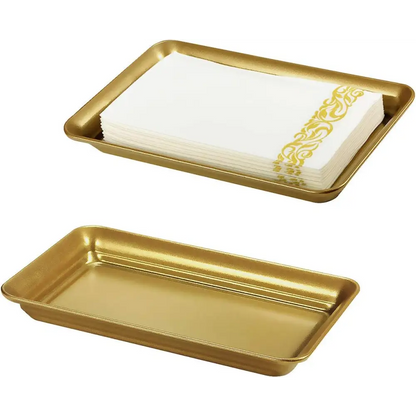 Gold ornate tray with napkins from Brown and Gold Vanity Trays with Glass Organizers