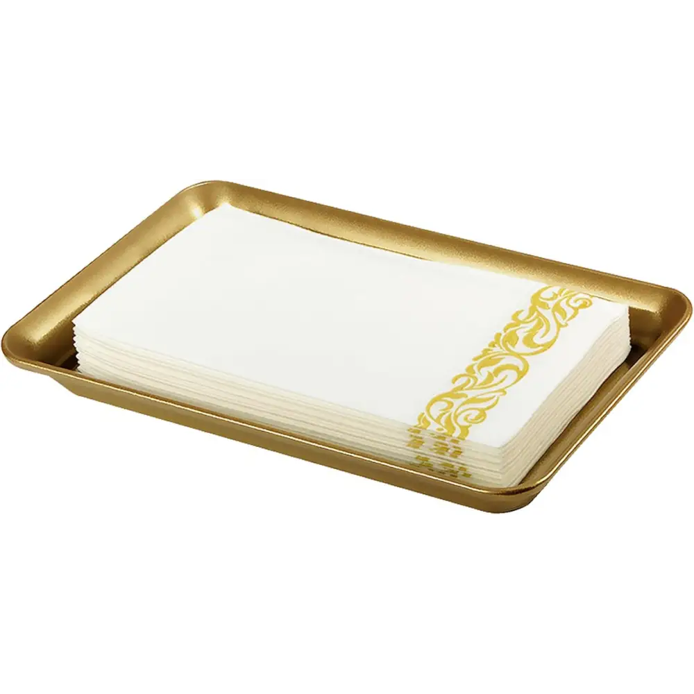Gold tray with white napkins and golden design from Brown and Gold Vanity Trays with Glass Organizers