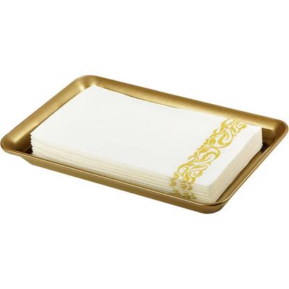 Gold tray with white napkins and golden design from Brown and Gold Vanity Trays with Glass Organizers
