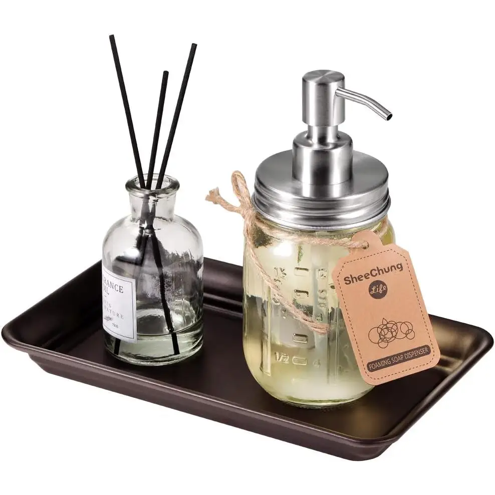 Sheechung glass soap dispenser with silver pump on Brown and Gold Vanity Trays with Glass Organizers