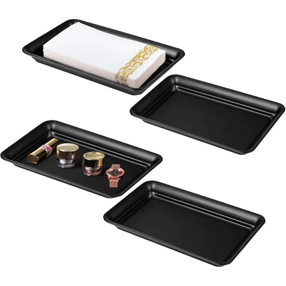 Black rectangular vanity trays with gold accents and handles for jewelry and small items