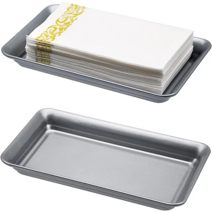 Silver rectangular baking tray with gold floral design on the long side for Vanity Trays