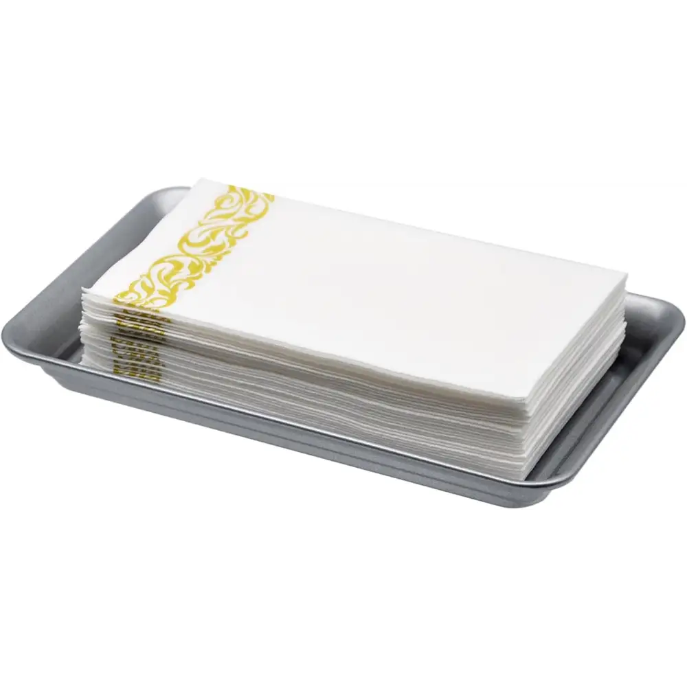 Gold damask patterned paper napkins on a silver tray in Brown and Gold Vanity Trays with Glass Organizers