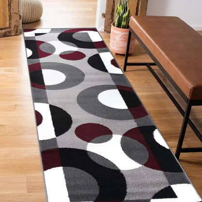 Modern Circles Abstract Rug with burgundy, gray, and white circular patterns