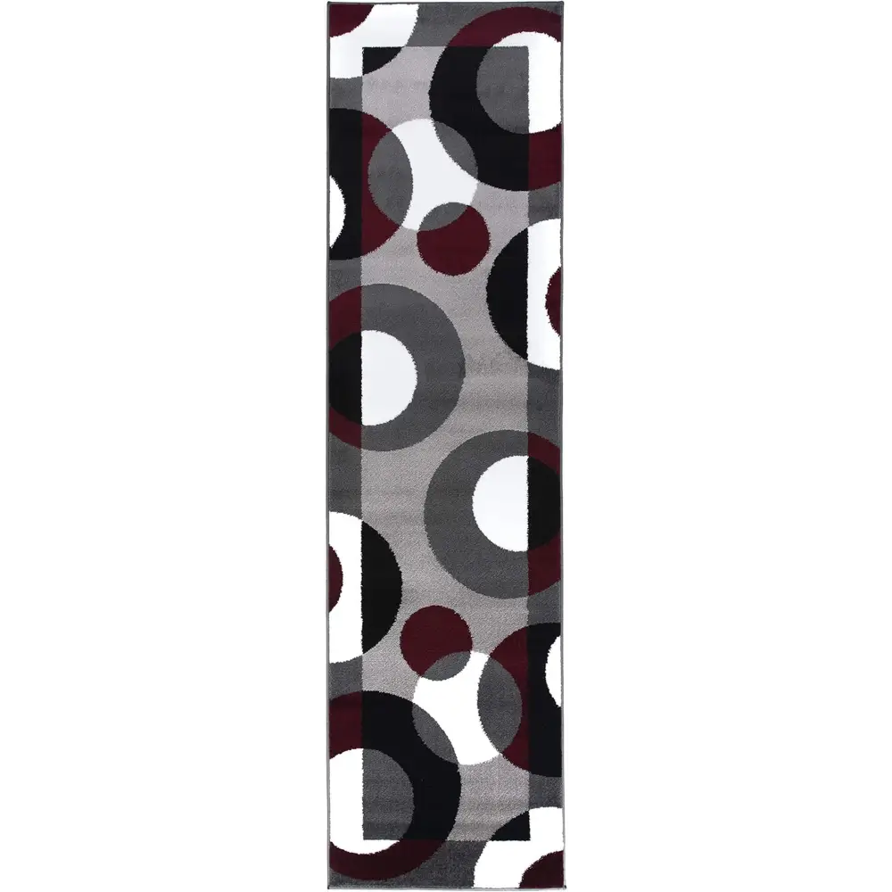 Modern geometric Circles Abstract Rug with black, white, and burgundy circles on gray background