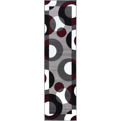 Modern geometric Circles Abstract Rug with black, white, and burgundy circles on gray background