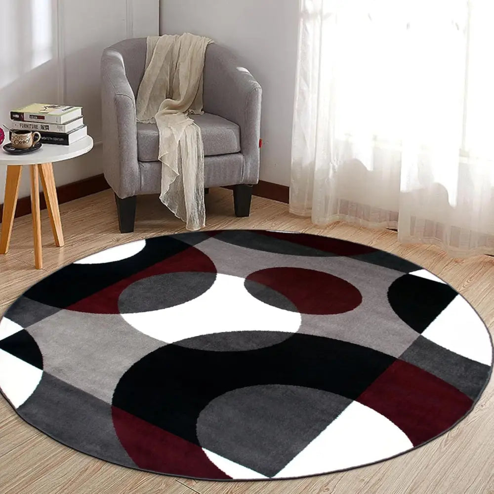 Round Circles Abstract Rug with geometric red, black, and white pattern made of synthetic fibers