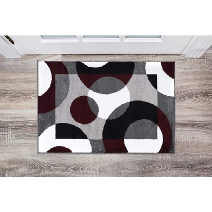 Modern Circles Abstract Rug with circular patterns in burgundy gray and white on dark background