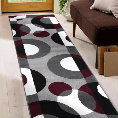Modern Circles Abstract Rug with gray black and burgundy circular patterns on white background