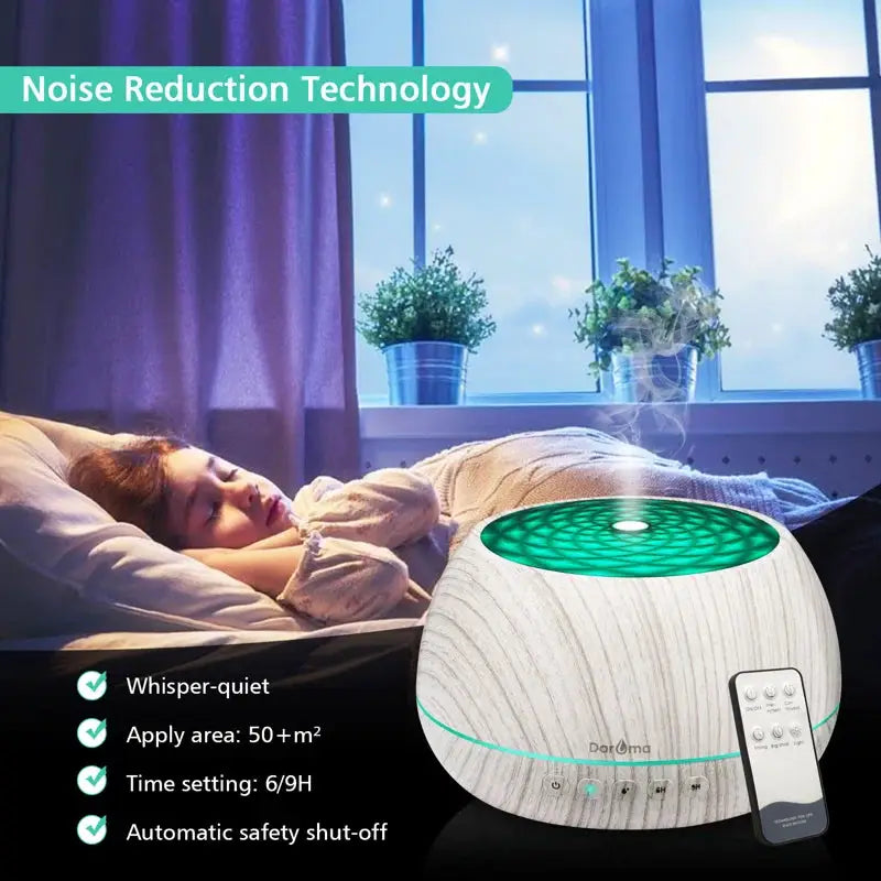 Danavera White Wood Grain Diffuser with green light, remote control, and whisper quiet tech