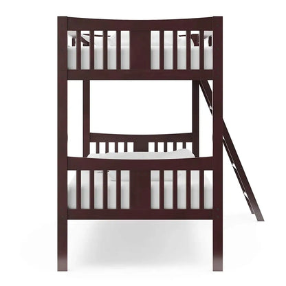 Dark wood Espresso Twin Bunk Bed with Ladder and white bedding featuring a slide