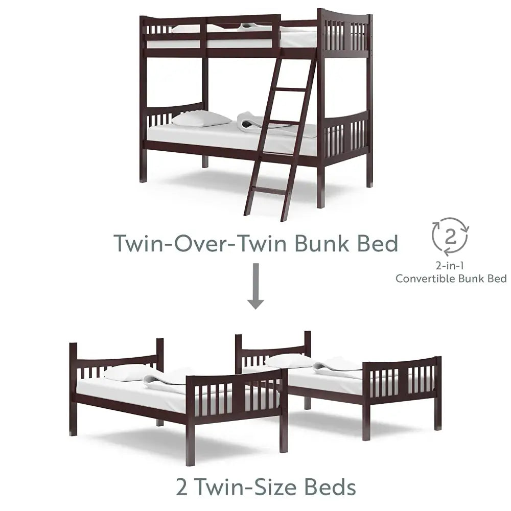 Espresso Twin Bunk Bed with Ladder, 2-in-1 convertible solid wood construction