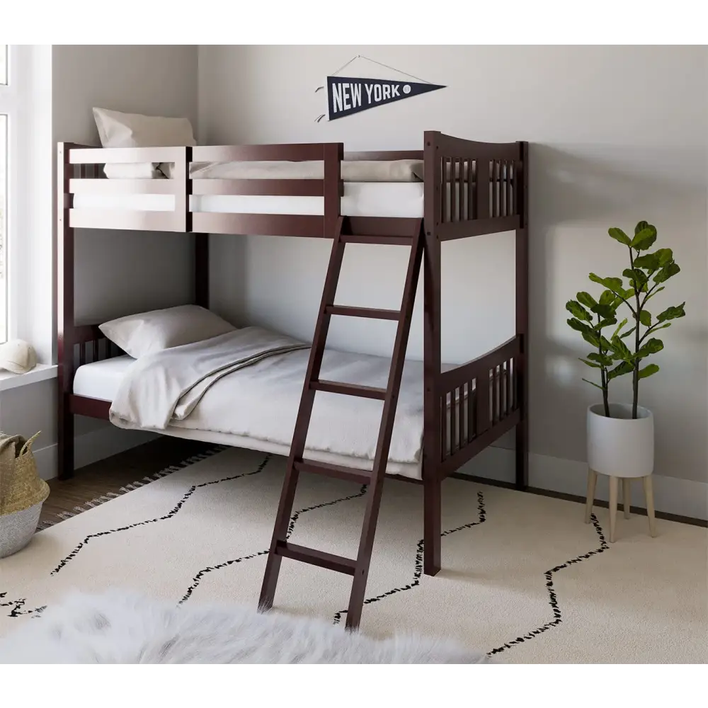 Dark brown wooden twin bunk bed with ladder and white bedding in modern style