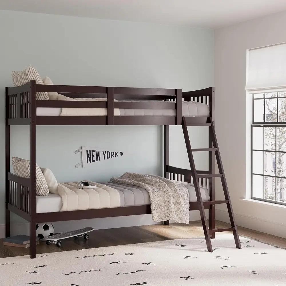 Dark brown wooden twin bunk bed with ladder and slatted design from Modern Furniture Brand