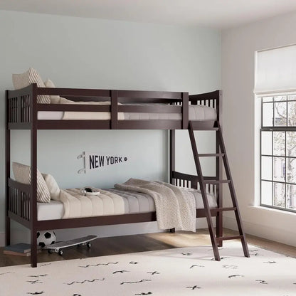 Dark brown wooden twin bunk bed with ladder and slatted design from Modern Furniture Brand