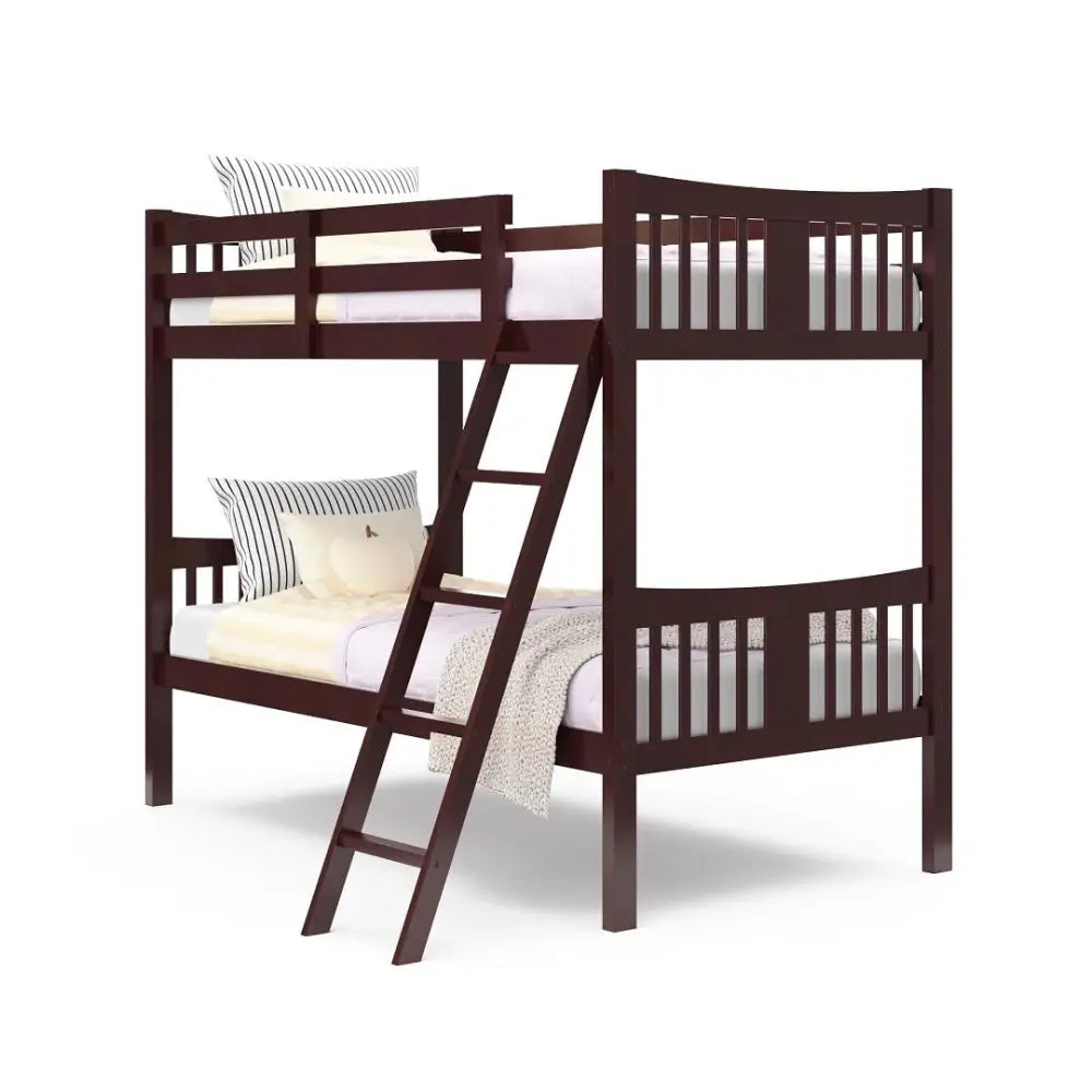 Espresso-colored wooden twin bunk bed with slatted design and ladder