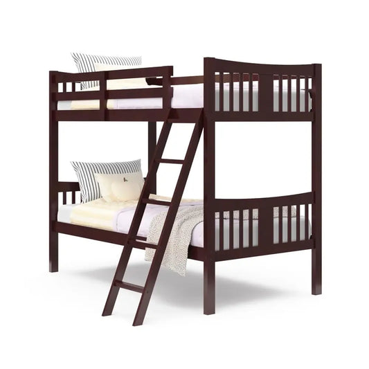 Espresso-colored wooden twin bunk bed with slatted design and ladder