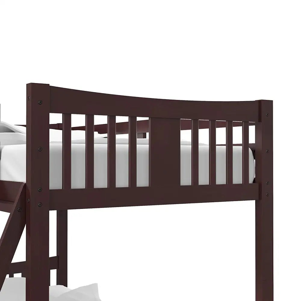 Dark brown wooden twin bunk bed with ladder and slatted design for stylish bedroom decor