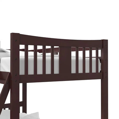 Dark brown wooden twin bunk bed with ladder and slatted design for stylish bedroom decor