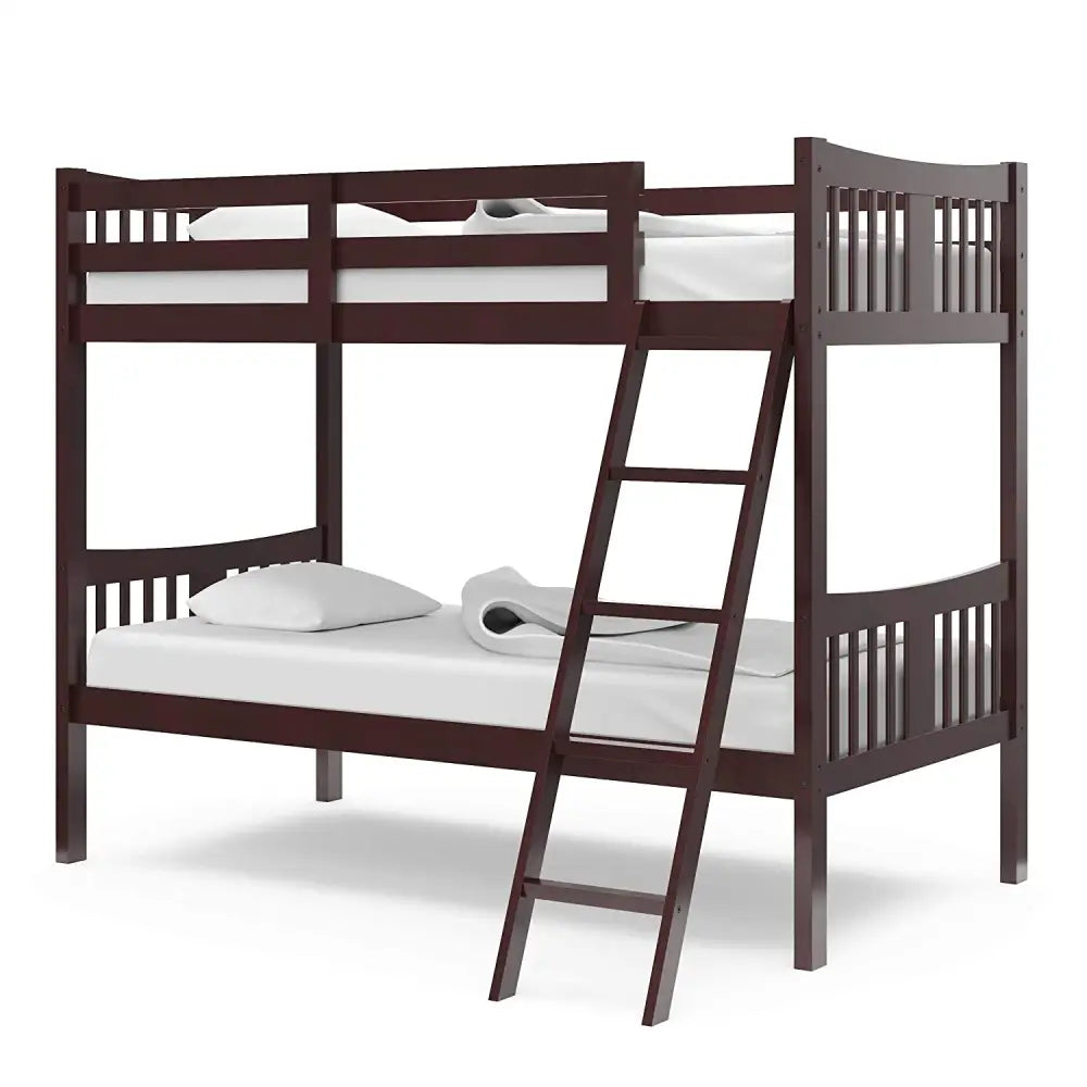Dark brown wooden twin bunk bed with ladder and slatted design from Espresso Furniture