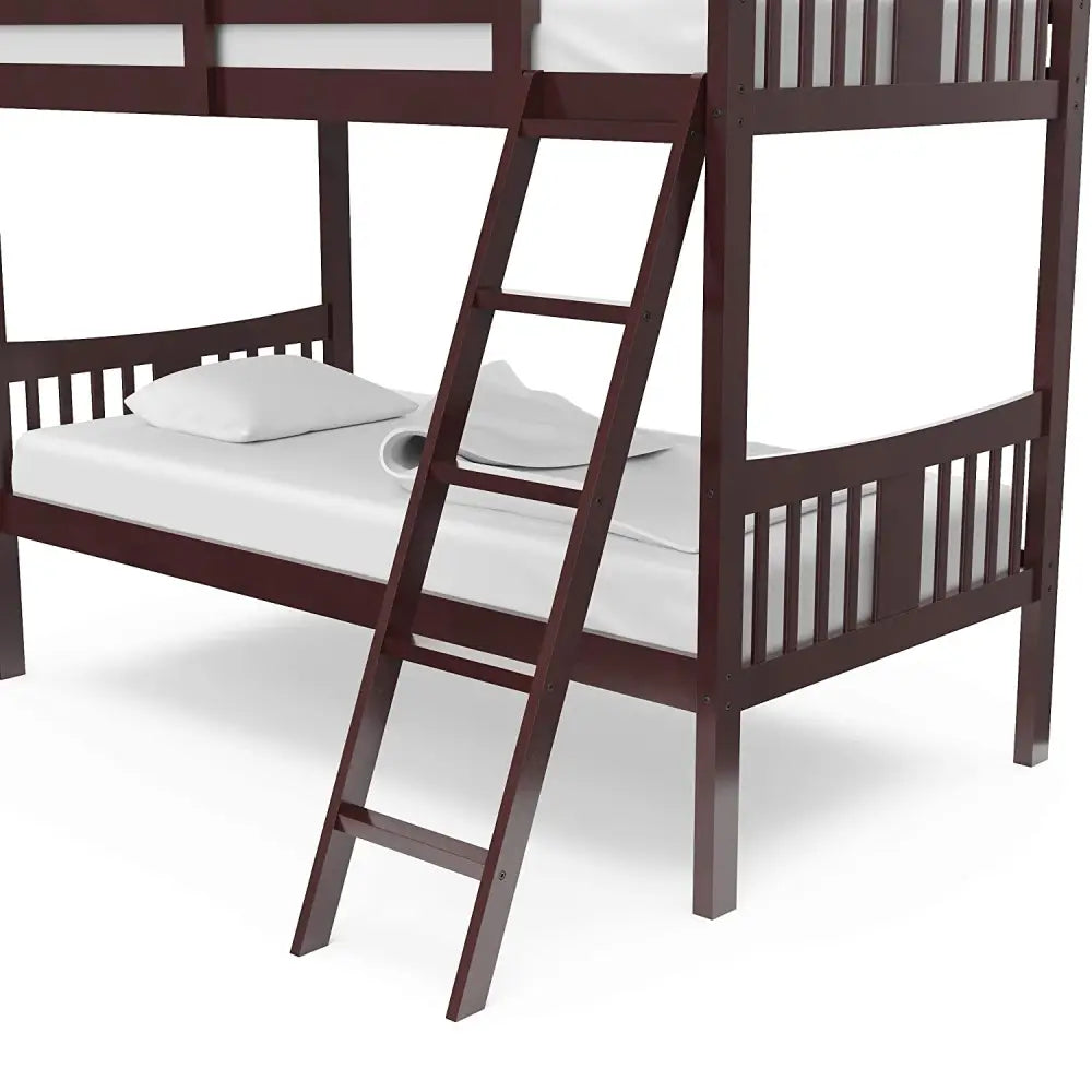 Dark brown wooden twin bunk bed with ladder and white bedding, similar to South Shore furniture