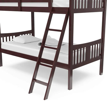 Dark brown wooden twin bunk bed with ladder and white bedding, similar to South Shore furniture