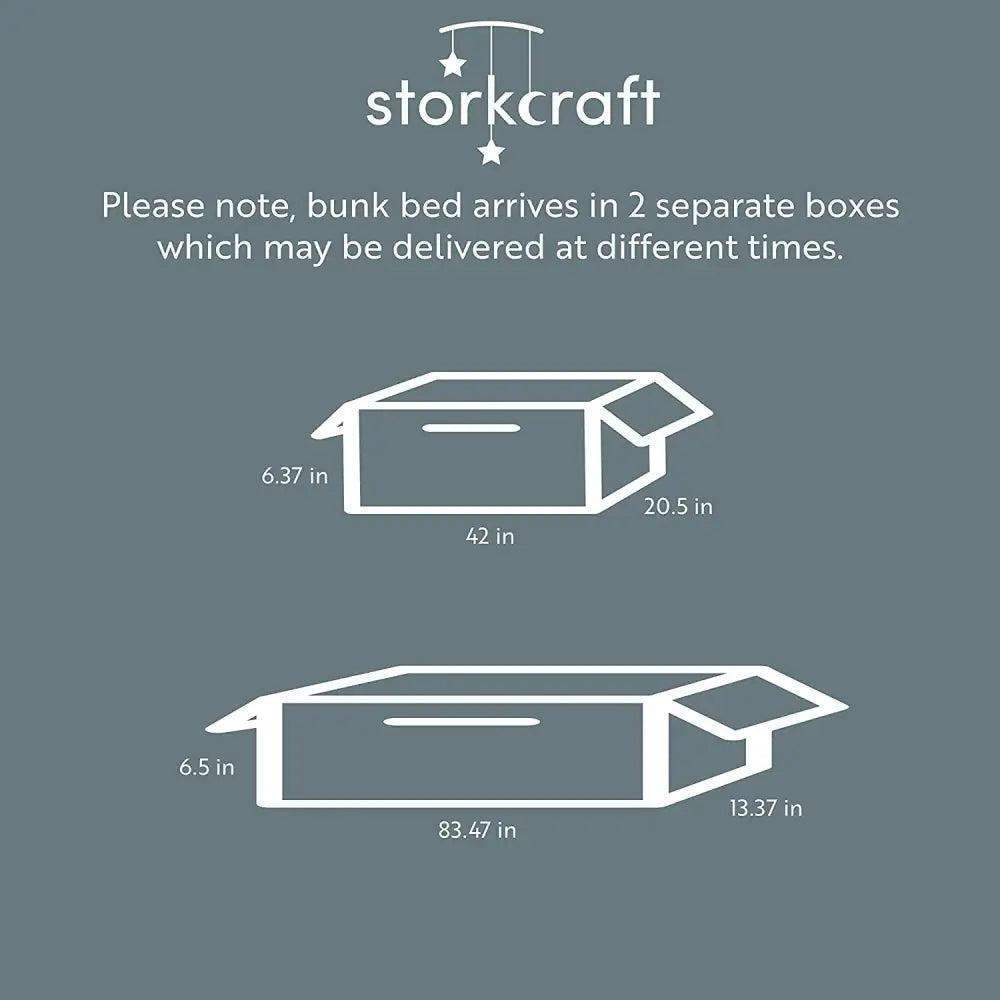 Storkcraft bunk bed box set in white and gray packaging for Espresso Twin Bunk Bed with Ladder