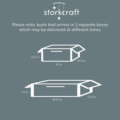 Storkcraft bunk bed box set in white and gray packaging for Espresso Twin Bunk Bed with Ladder