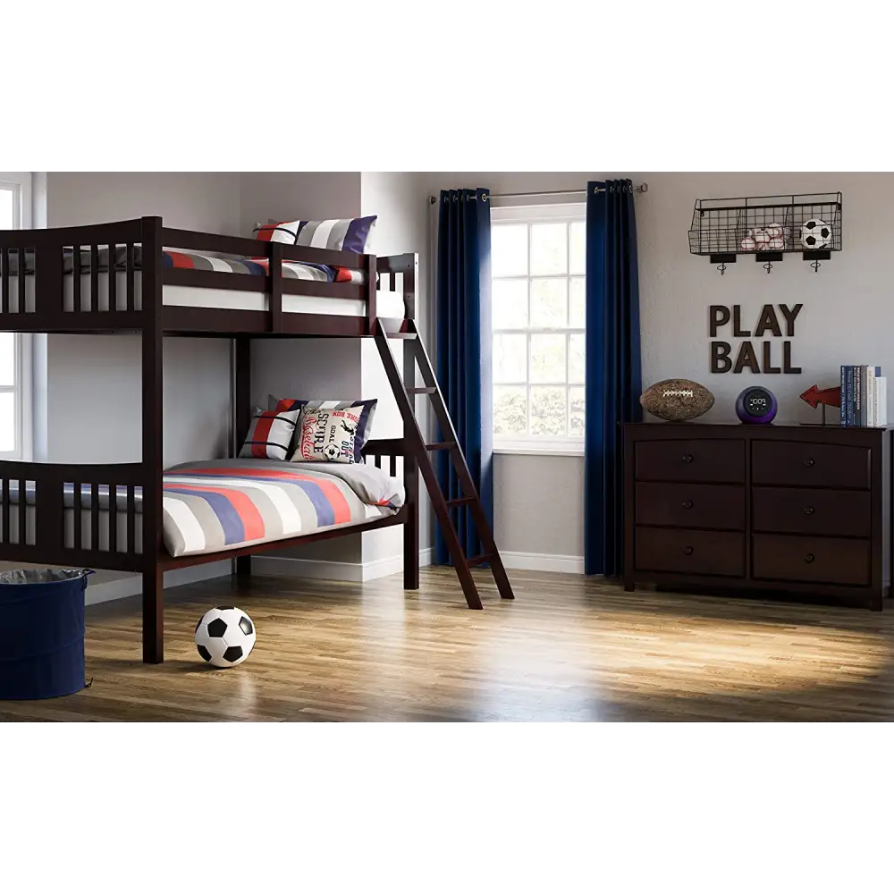 Dark brown Espresso Twin Bunk Bed with Ladder and striped bedding made of wood