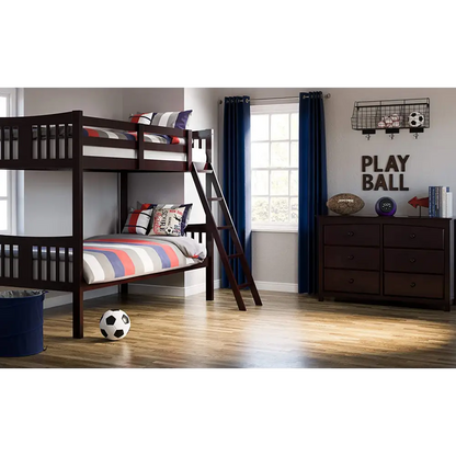 Dark brown Espresso Twin Bunk Bed with Ladder and striped bedding made of wood