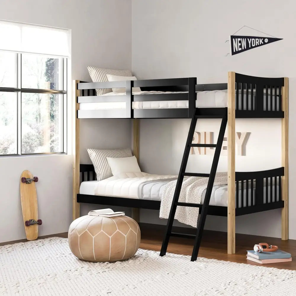 Black and natural wood modern twin bunk bed with ladder for stylish bedroom decor