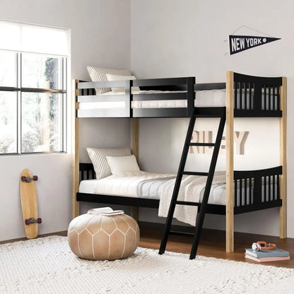 Black and natural wood modern twin bunk bed with ladder for stylish bedroom decor