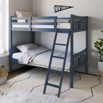Navy blue wooden twin bunk bed with ladder and slatted design in modern style