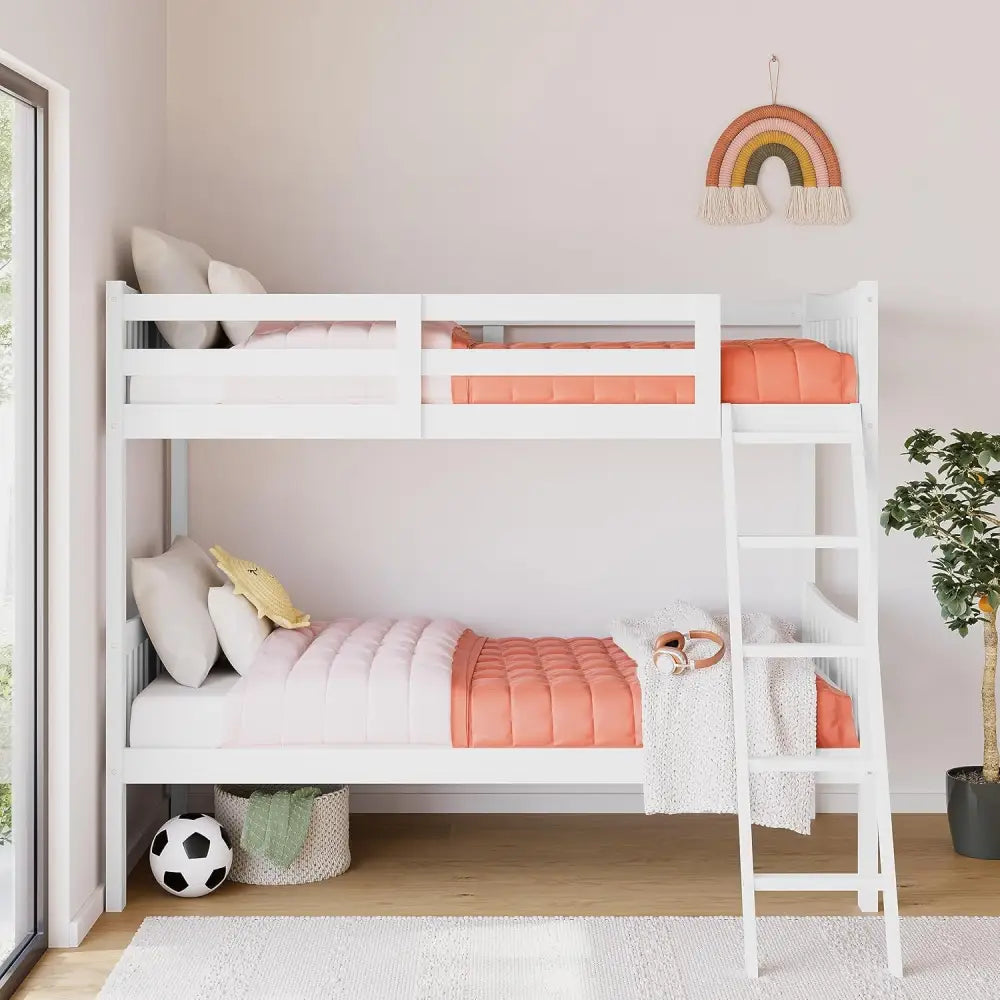 White wooden bunk bed with orange bedding and ladder design in Espresso Twin Bunk Bed with Ladder