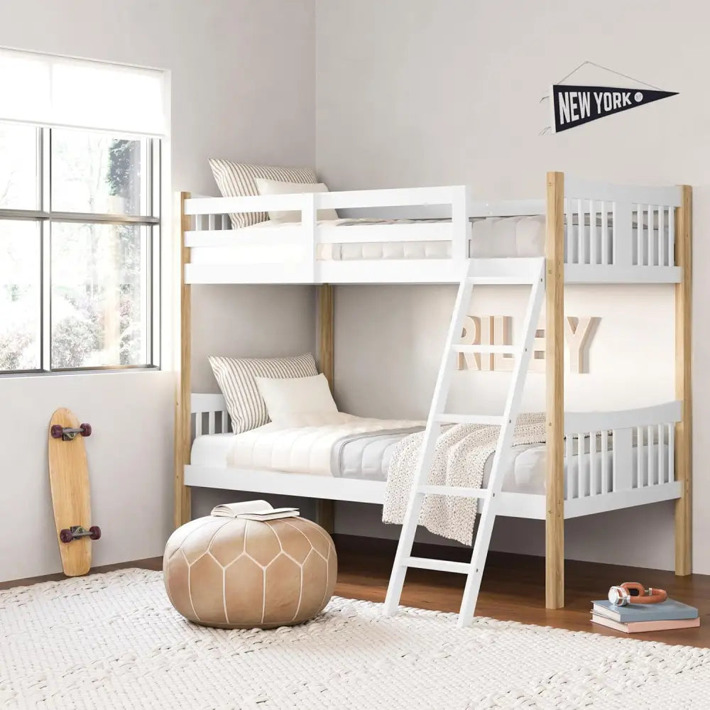 White and natural wood modern twin bunk bed with ladder for stylish bedroom decor