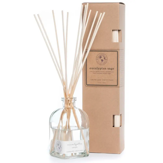 Eucalyptus Sage Reed Diffuser with clear glass bottle and wooden sticks in beige box
