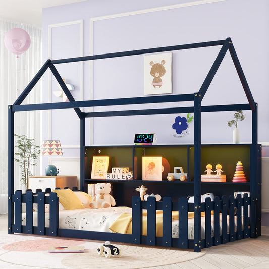 Twin Size House Bed with LED Lights & Storage - Wooden Kids Bed Frame with Guardrails
