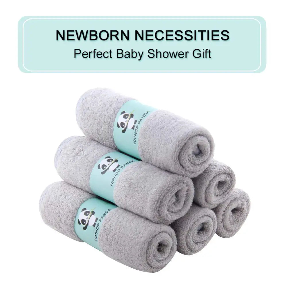 Gray rolled towels with panda labels from Hiphop Panda, perfect baby shower gift