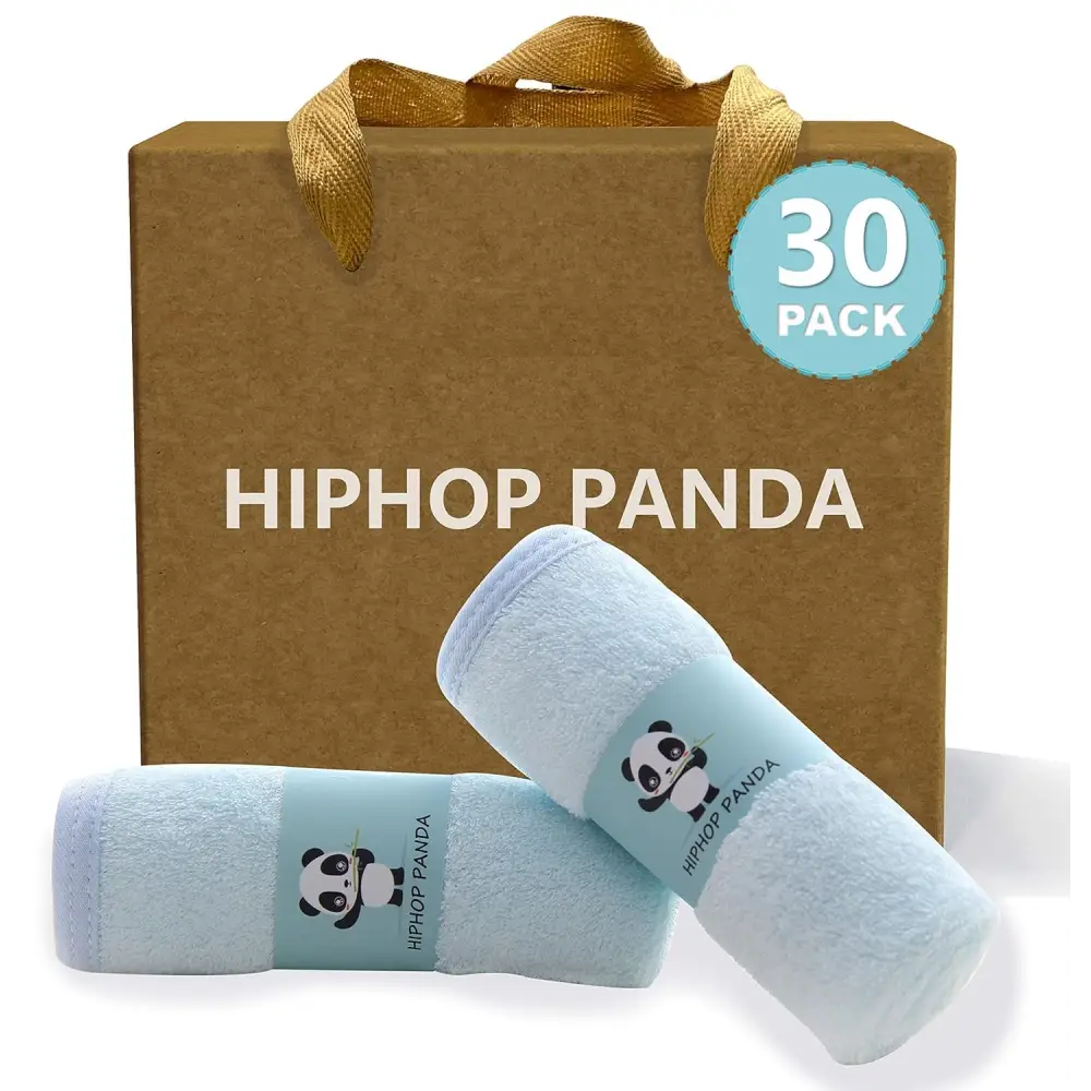 30-pack Hiphop Panda microfiber bamboo rayon cotton towels in blue and white with panda design