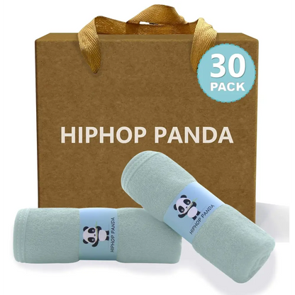 30-pack of Hiphop Panda microfiber bamboo rayon cotton towels in blue and green with panda designs