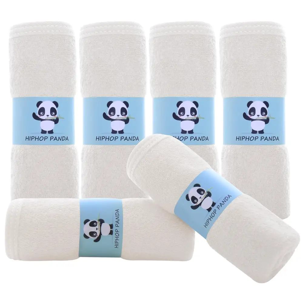 White plush baby blanket with blue Hiphop Panda label and panda design for the towel