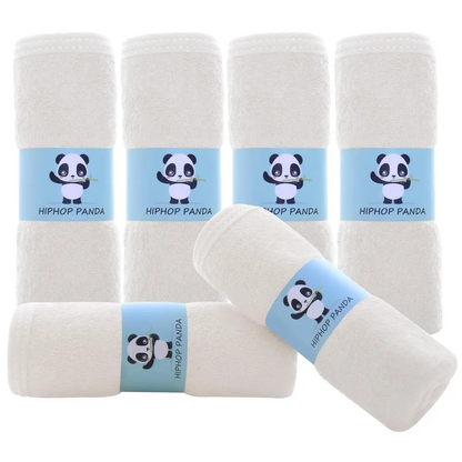 White plush baby blanket with blue Hiphop Panda label and panda design for the towel