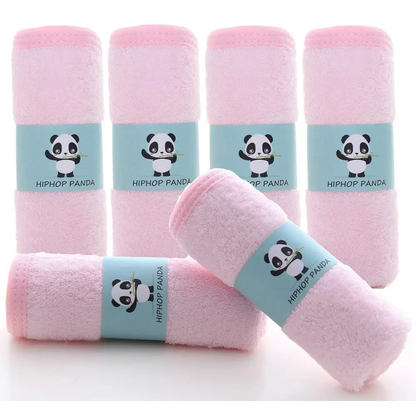 Pink plush blanket with panda design and HipHop Panda branding on microfiber towel