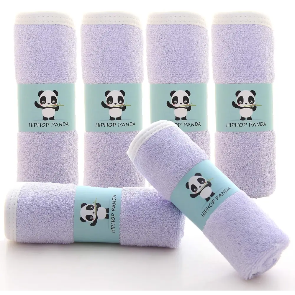 Lavender Hiphop Panda towel set with white trim and green accents on gray microfiber fabric
