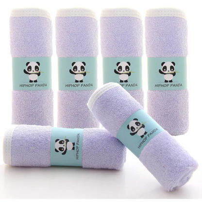 Lavender Hiphop Panda towel set with white trim and green accents on gray microfiber fabric