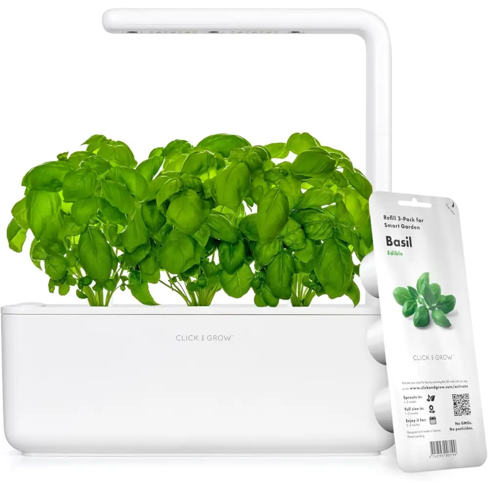 Click & Grow Indoor Herb Garden Kit with Grow Light | Smart Garden for Home Kitchen Windowsill | Easier than Hydroponics Growing System | Vegetable Gardening Starter (3 Basil Pods Included), White