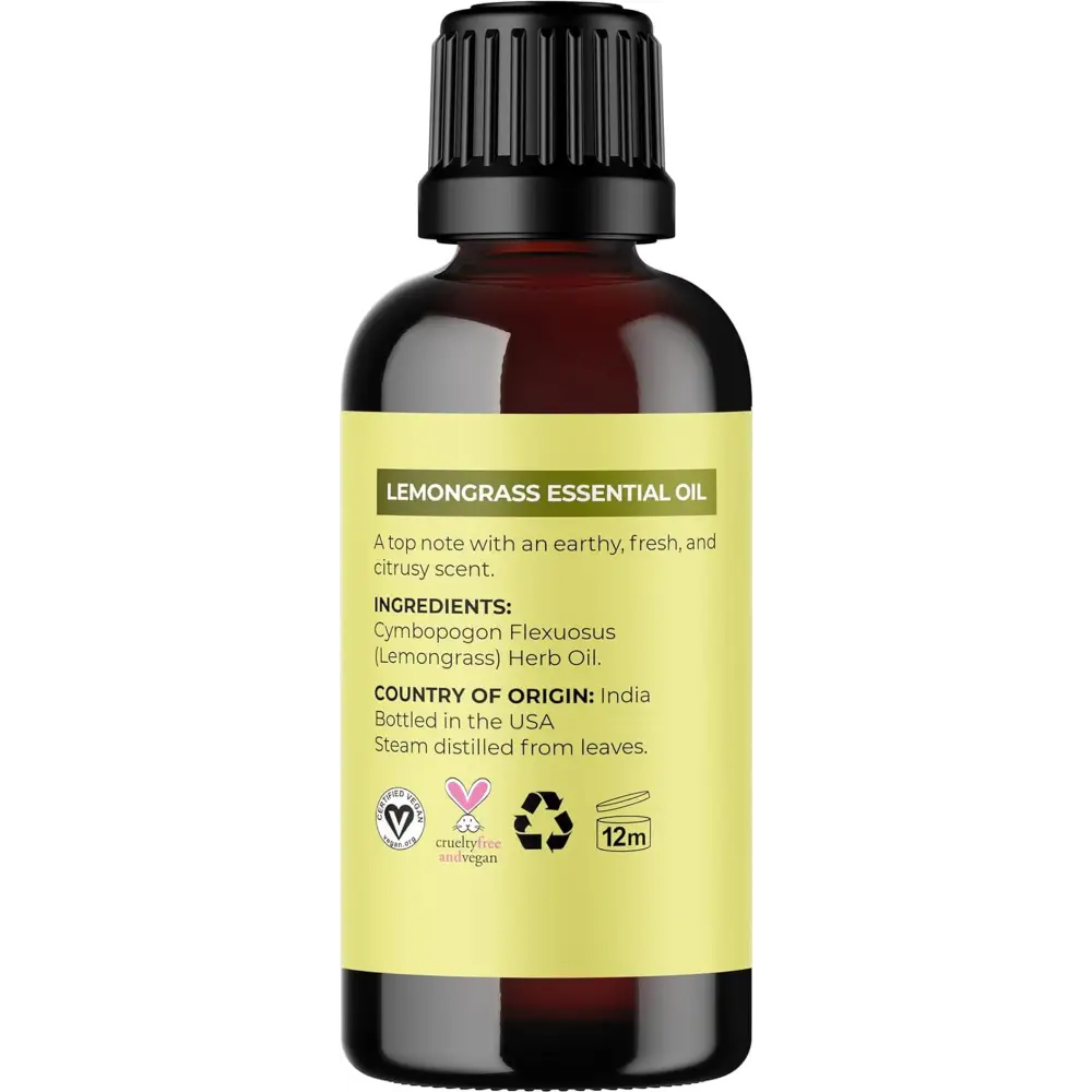 Lemongrass essential oil bottle with black cap and yellow label, 12ml size