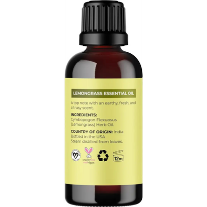 Lemongrass essential oil bottle with black cap and yellow label, 12ml size