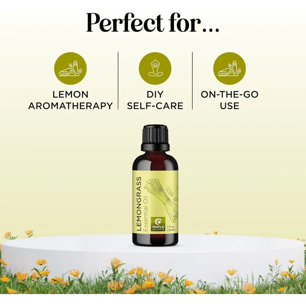 Lemongrass essential oil bottle with green label and dropper cap, 30ml size