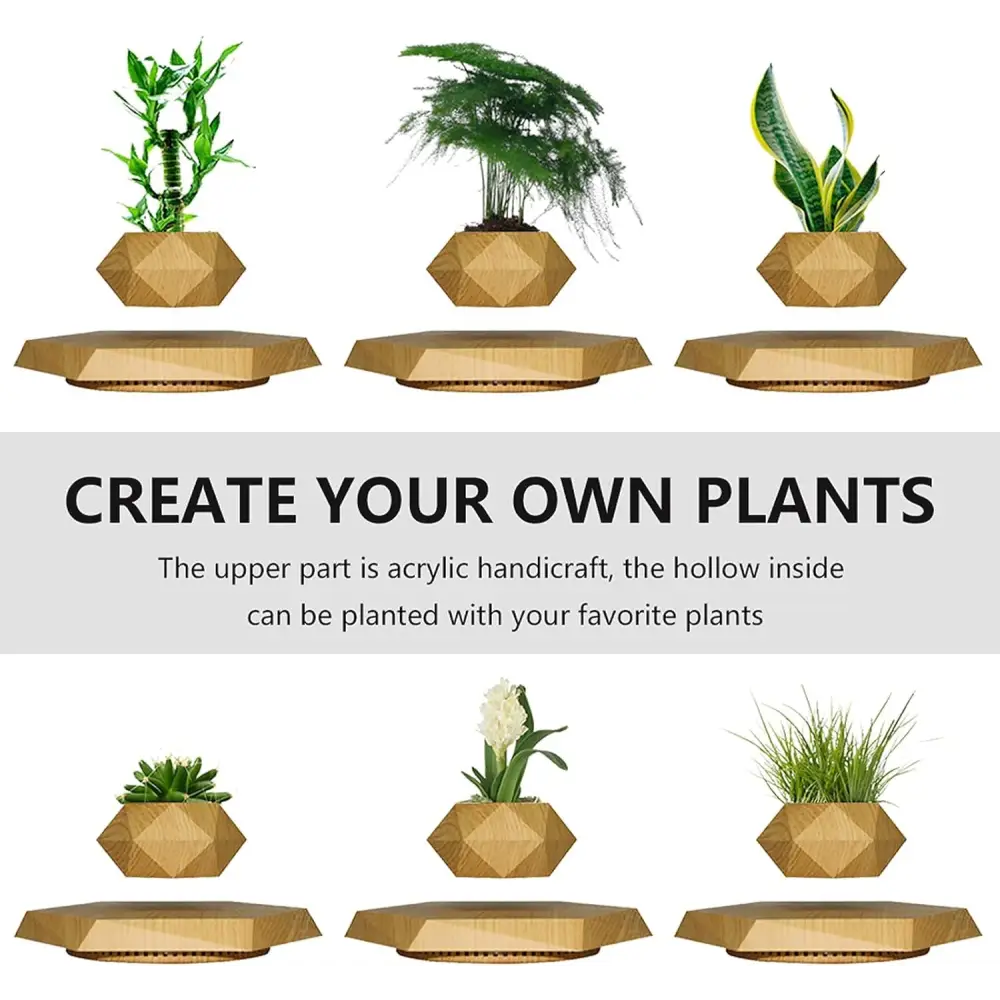 Levitation Air Bonsai Pot, Magnetic Levitating Mini Rotating Flower Pot Planter Suspension Floating Succulents Sky-Garden Plant Potted for Home Living Room Office Desk Decoration (Wood Color)